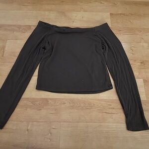 Brown Ribbed Off the Shoulder Long Sleeve Top